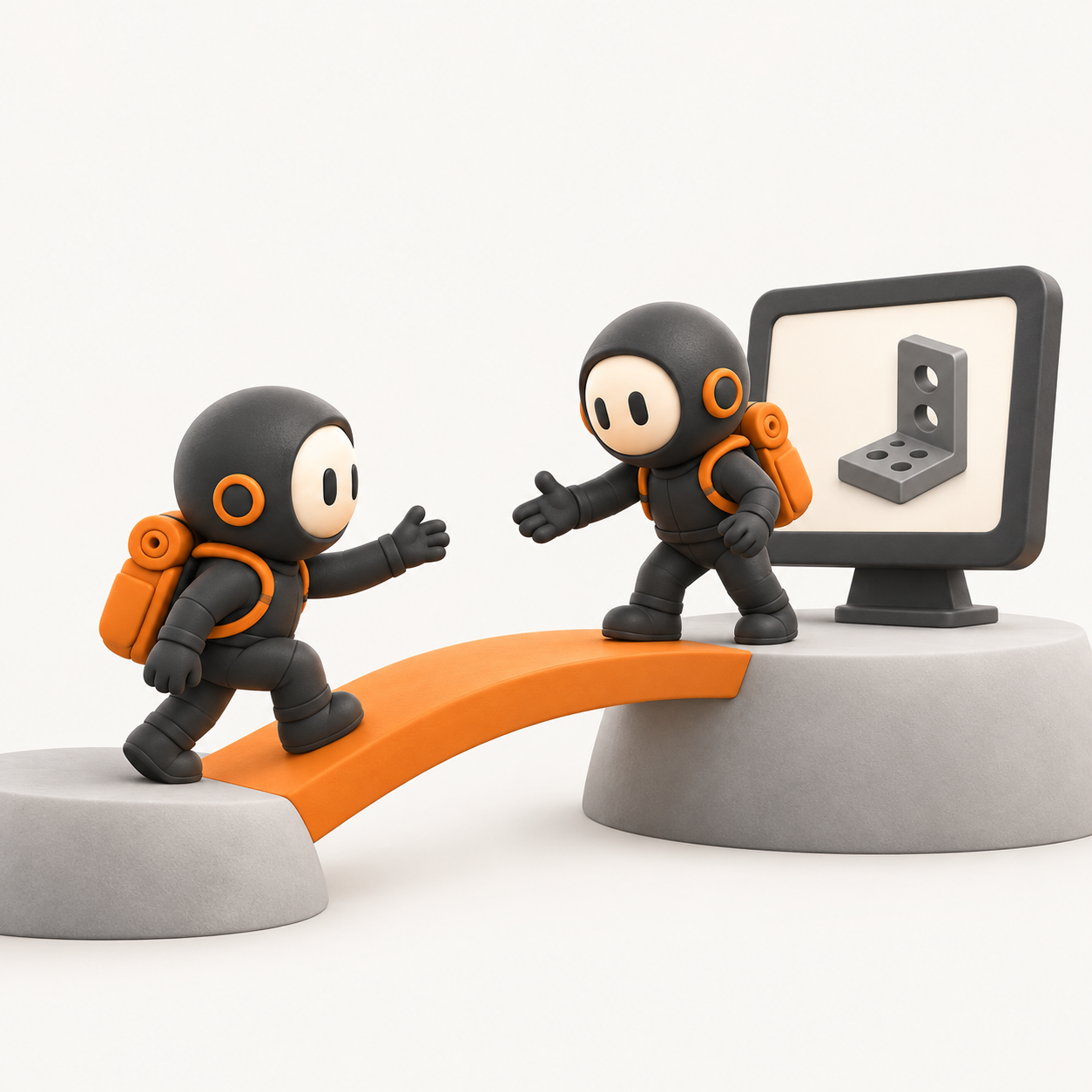 Begleiteter NX-Umstieg: Eine Figur hilft einer anderen über eine Brücke zum neuen Lernangebot.