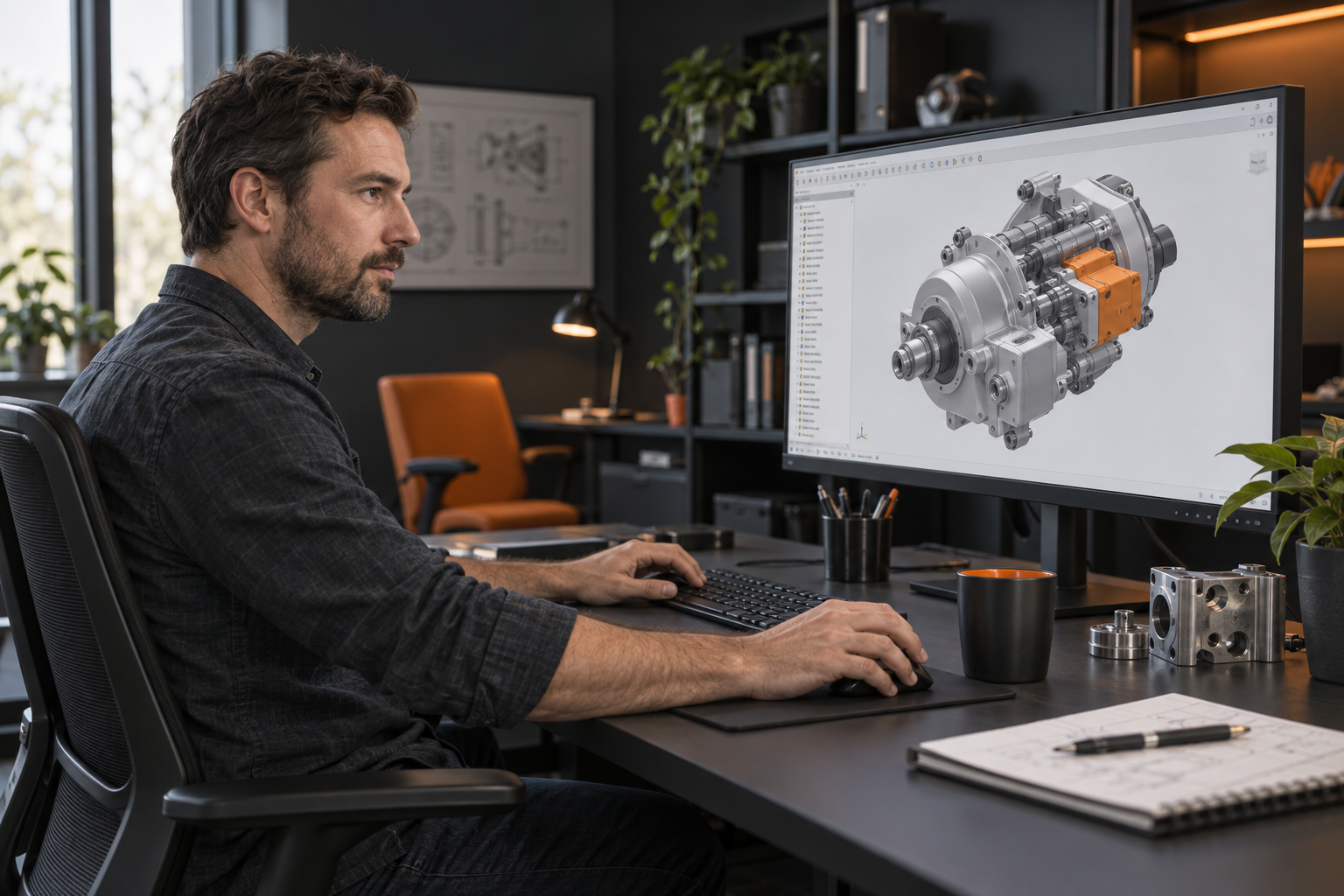 Konstrukteur arbeitet am Schreibtisch mit einer CAD-Baugruppe am Bildschirm