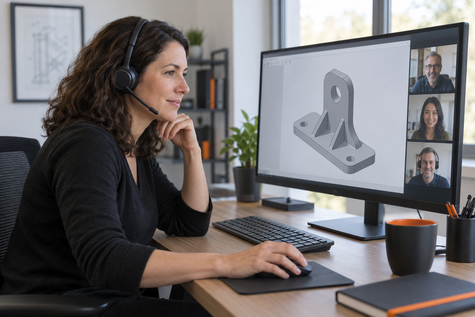 Symbolbild: Teilnehmerin im Online-CAD-Training mit einer Lerngruppe