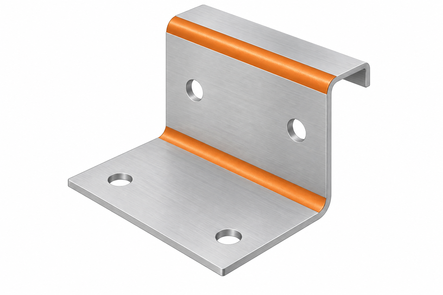 Gebogenes Blechbauteil aus silbernem Metall mit orange hervorgehobenen Biegebereichen