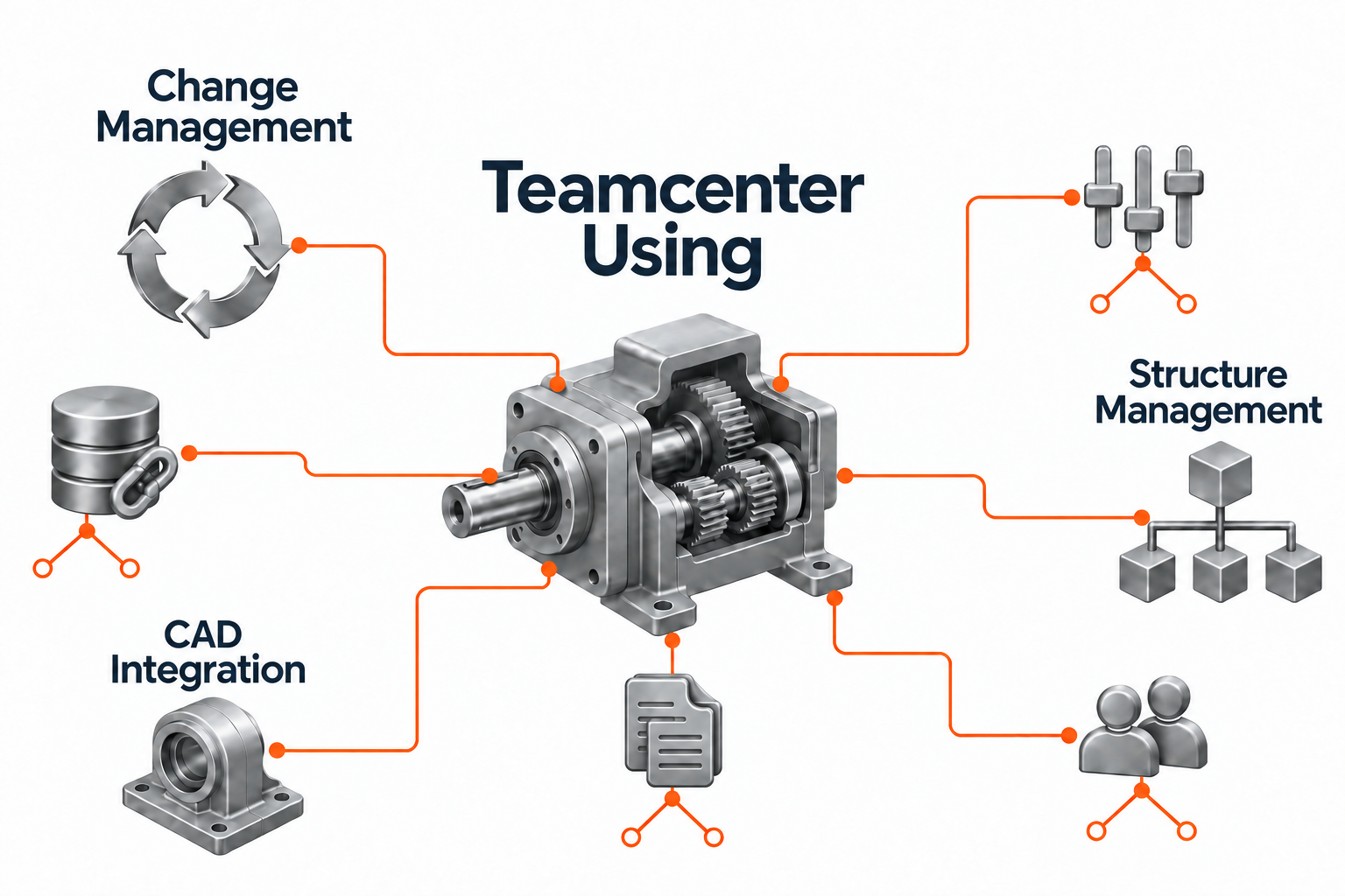 Vernetzte Teamcenter-Trainings: Teamcenter Using als größter Bereich, gefolgt von Change Management, Structure Management und CAD-Integration; zusätzliche direkte Verzweigungen stehen für weitere Themen.