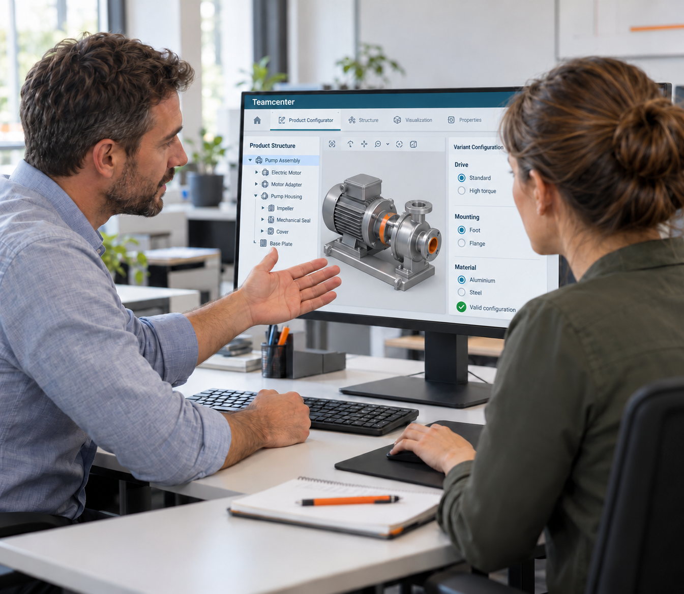 Two engineers discuss product requirements using an illustrative Teamcenter Product Configurator view