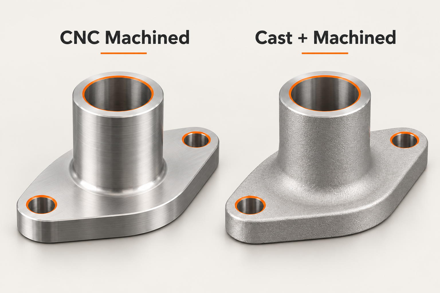 Light CAD comparison of a CNC-machined outlet housing and a cast and machined version