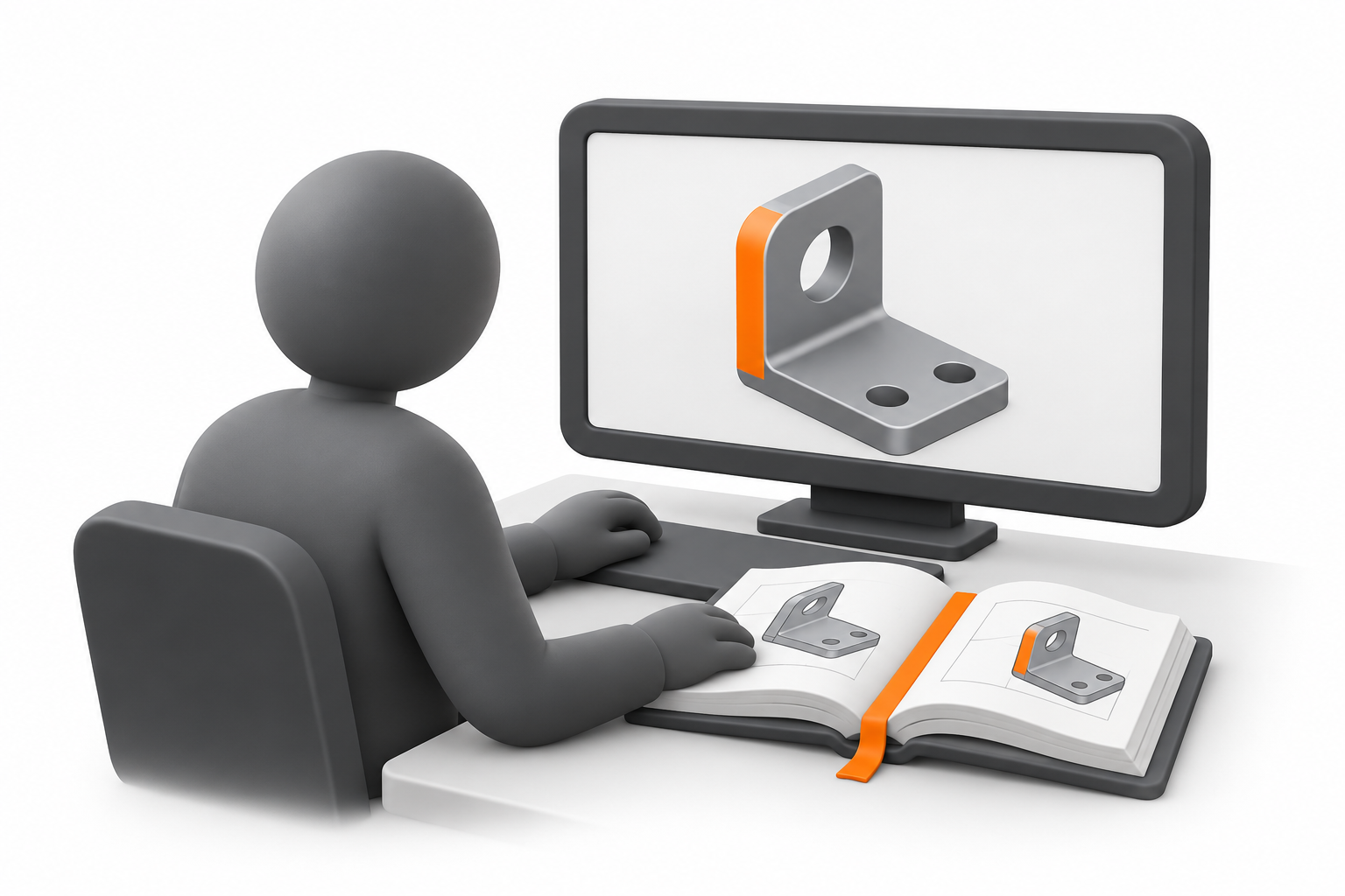 Ein Konstrukteur arbeitet mit einem Handbuch am CAD-Arbeitsplatz