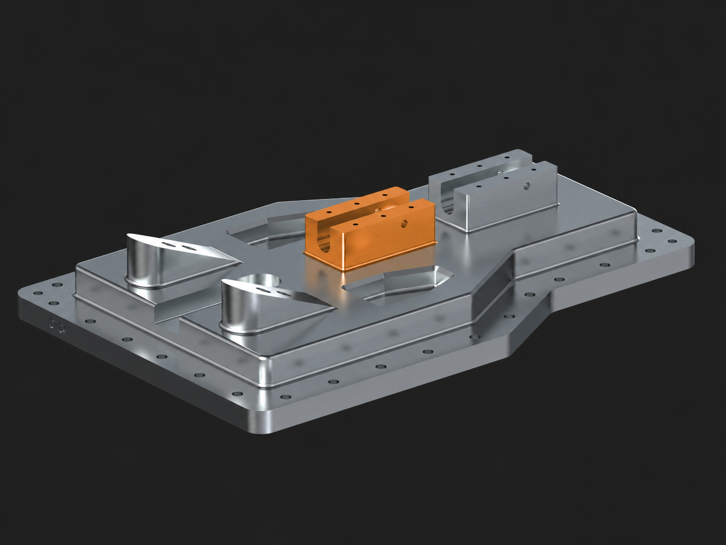 NX-Konstruktion mit orange hervorgehobenem Funktionsbereich auf einer Grundplatte